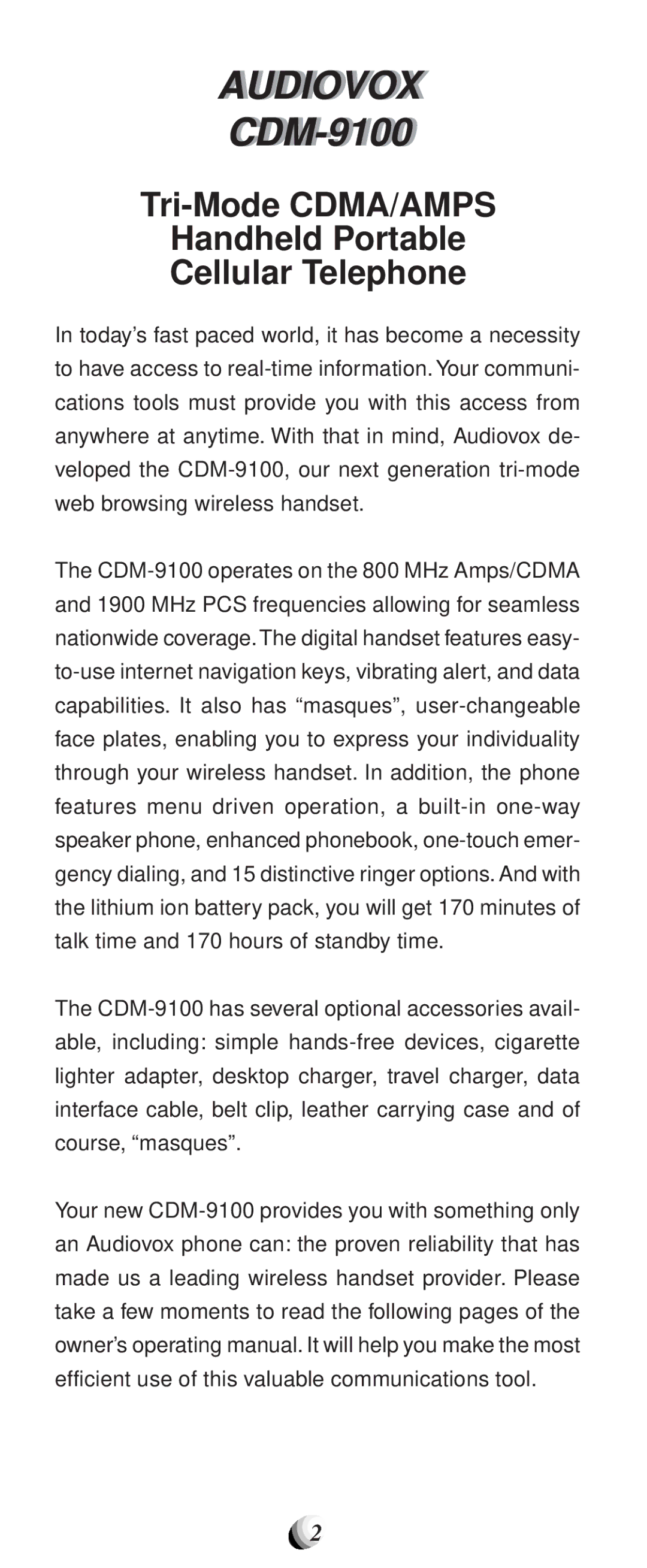 Audiovox CDM-9100 manual Audiovoxi, Tri-Mode CDMA/AMPS Handheld Portable Cellular Telephone 