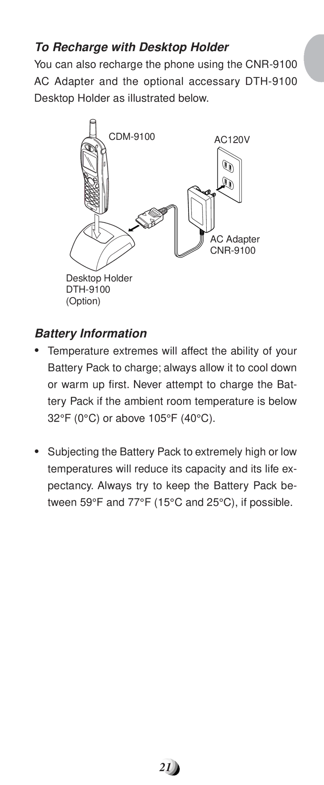 Audiovox CDM-9100 manual To Recharge with Desktop Holder, Battery Information 