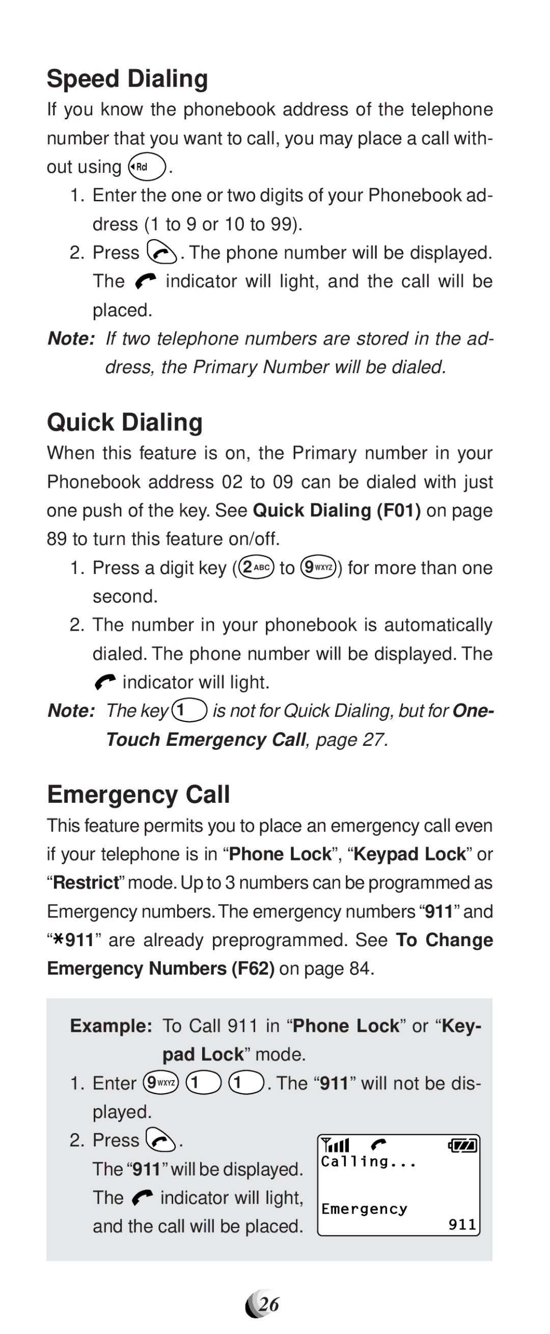 Audiovox CDM-9100 Speed Dialing, Quick Dialing, Emergency Call, Example To Call 911 in Phone Lock or Key Pad Lock mode 