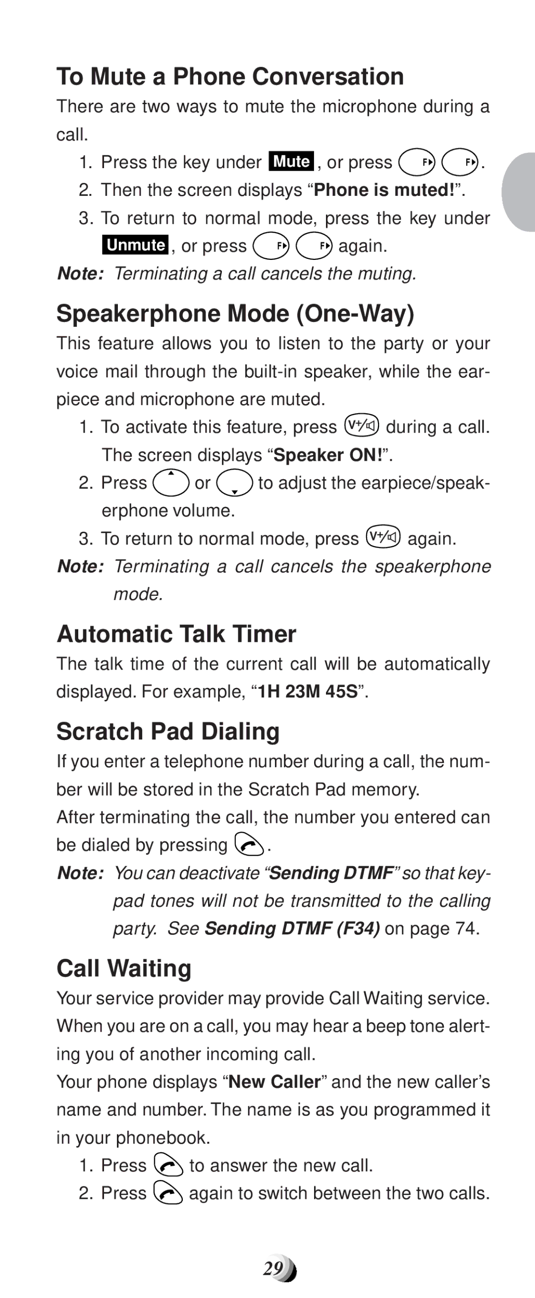 Audiovox CDM-9100 manual To Mute a Phone Conversation, Speakerphone Mode One-Way, Automatic Talk Timer, Scratch Pad Dialing 