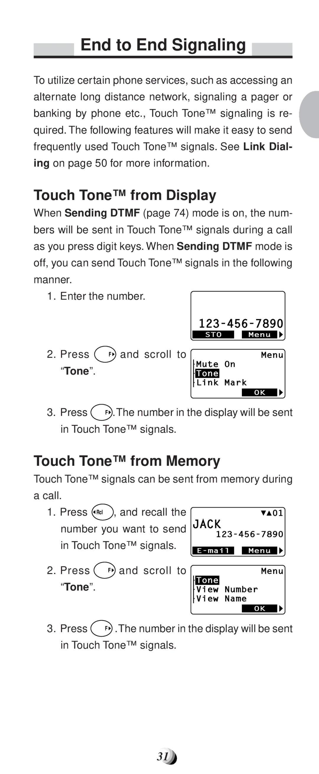 Audiovox CDM-9100 manual End to End Signaling, Touch Tone from Display, Touch Tone from Memory 