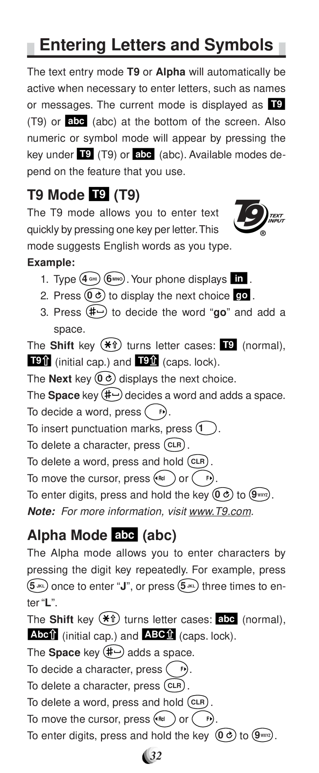 Audiovox CDM-9100 manual Entering Letters and Symbols, T9 Mode T9 T9, Alpha Mode abc abc, Example 