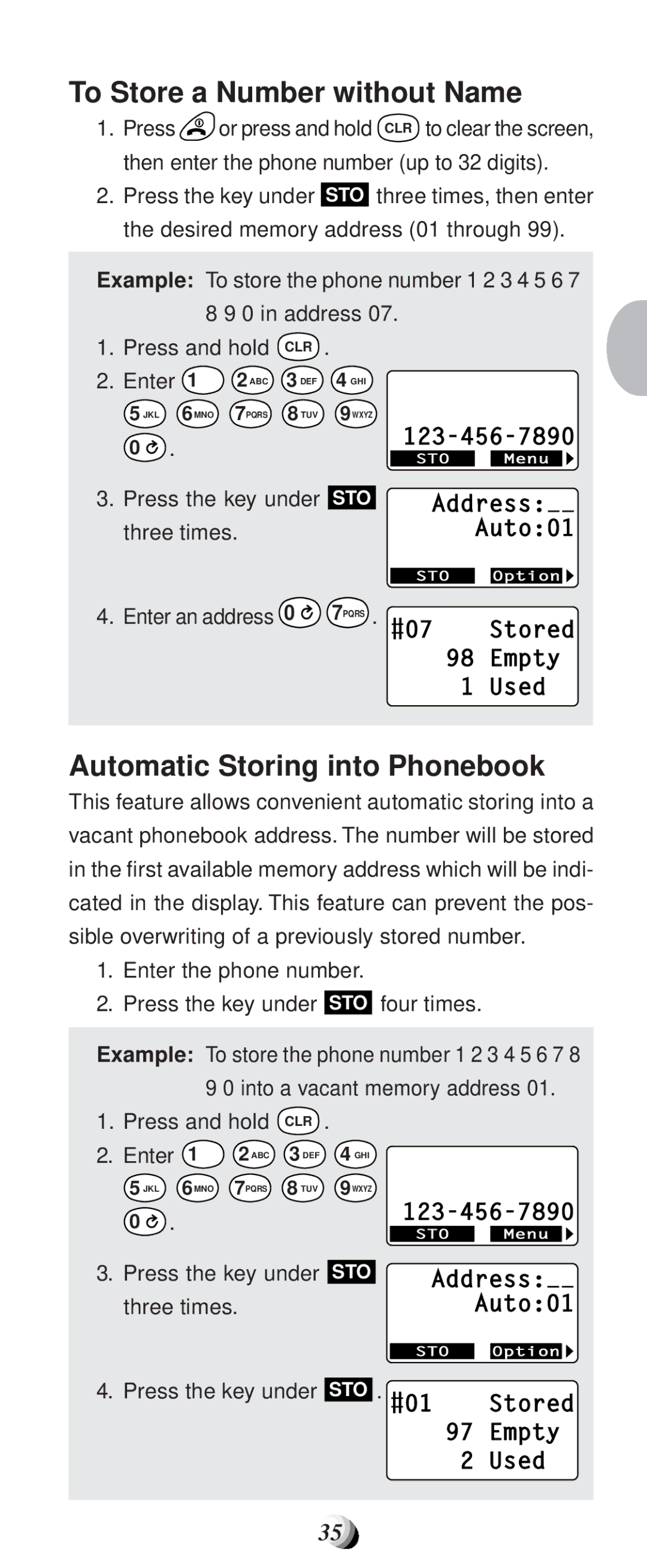 Audiovox CDM-9100 manual To Store a Number without Name, Automatic Storing into Phonebook, Press the key under 