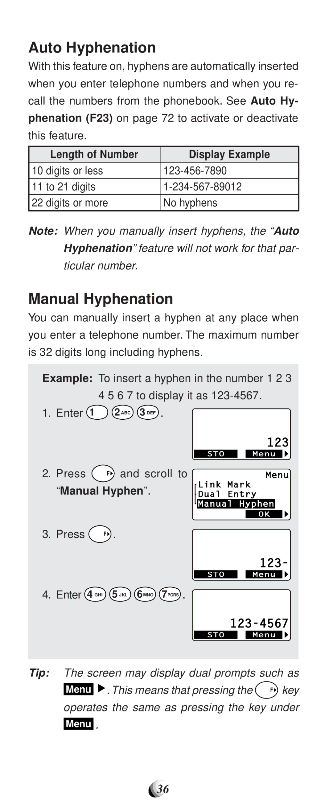 Audiovox CDM-9100 manual Auto Hyphenation, Manual Hyphenation, Length of Number Display Example, Enter 