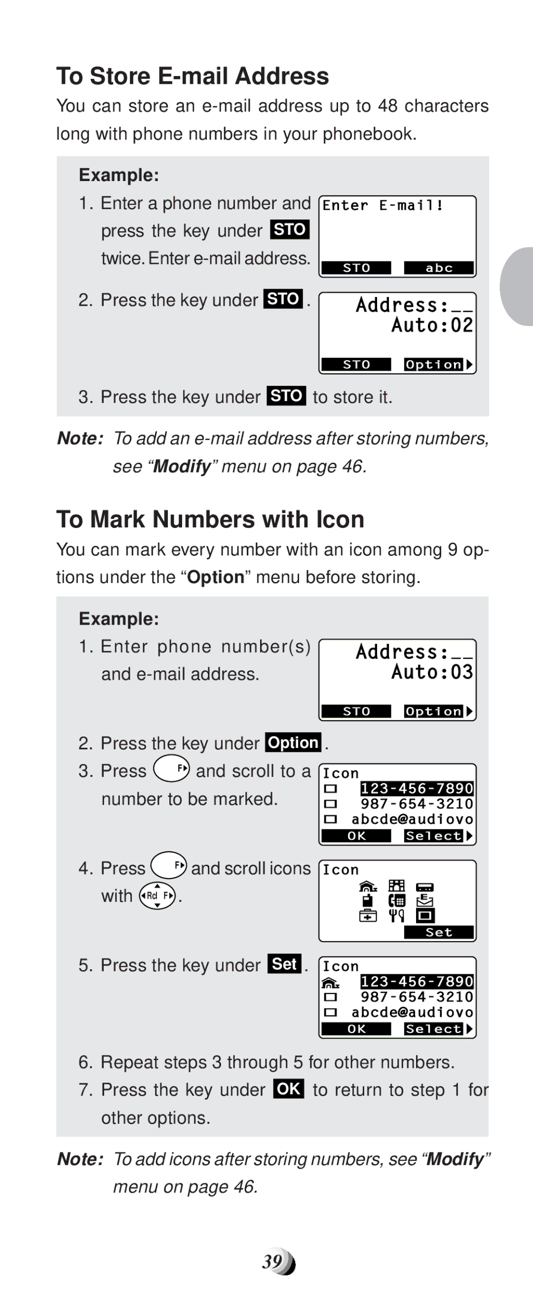 Audiovox CDM-9100 manual To Store E-mail Address, To Mark Numbers with Icon 