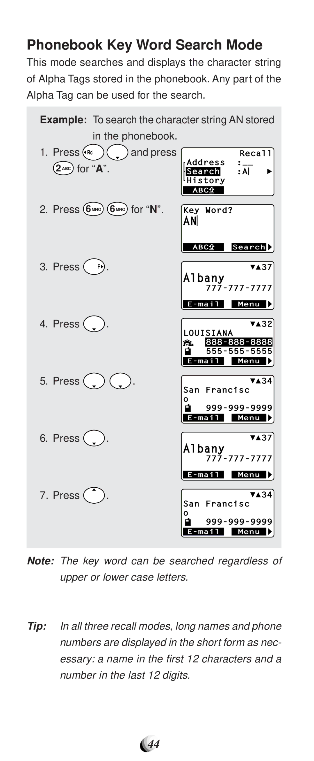 Audiovox CDM-9100 manual Phonebook Key Word Search Mode, Phonebook Press Rcl, ABC for a, Press F 