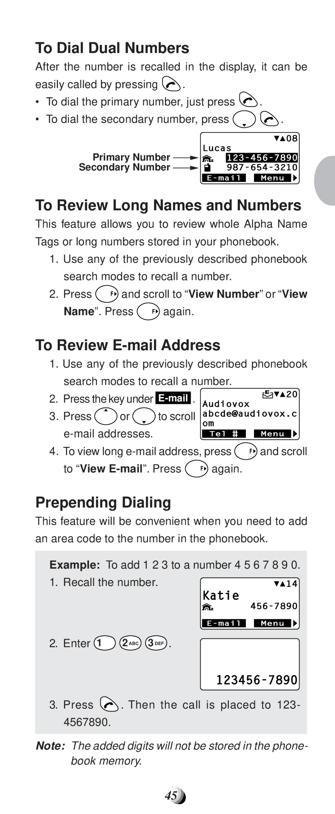 Audiovox CDM-9100 To Dial Dual Numbers, To Review Long Names and Numbers, To Review E-mail Address, Prepending Dialing 