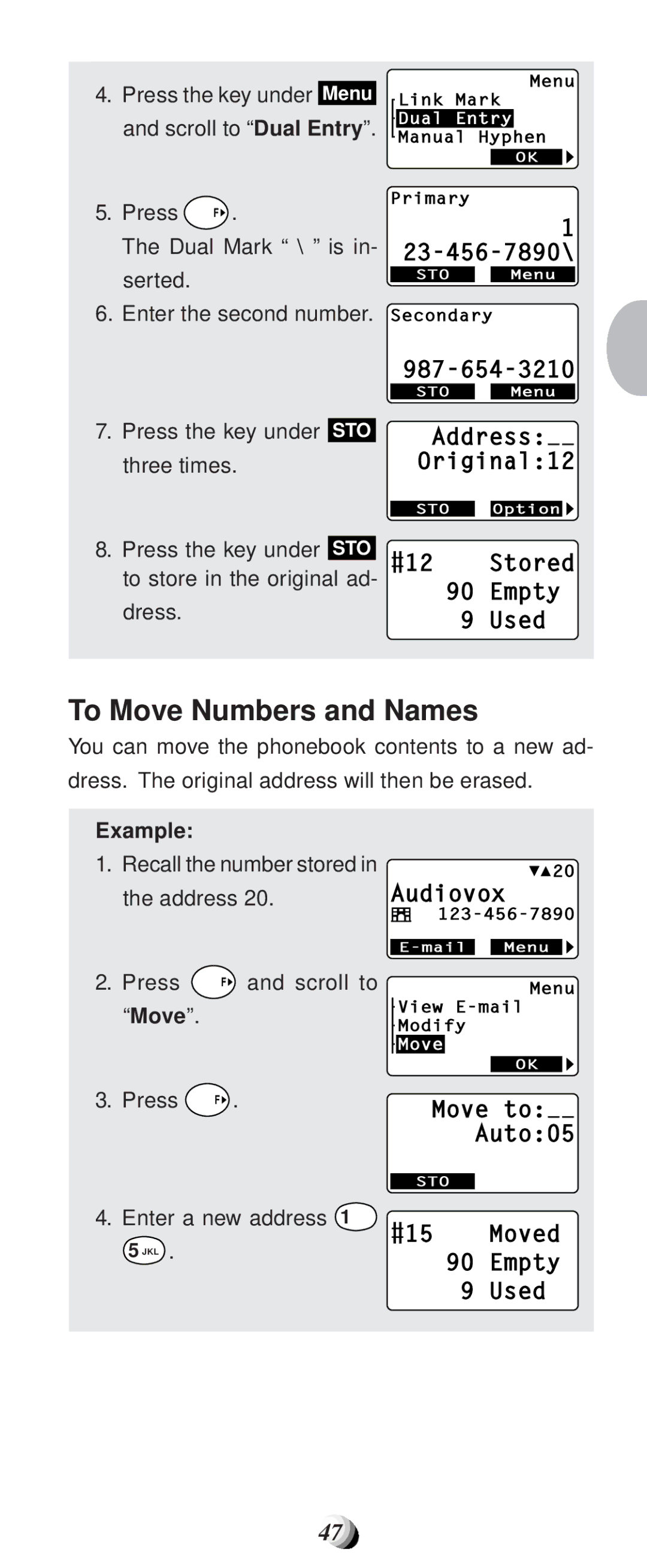 Audiovox CDM-9100 manual To Move Numbers and Names, To store in the original ad Dress, Address, Enter a new address 