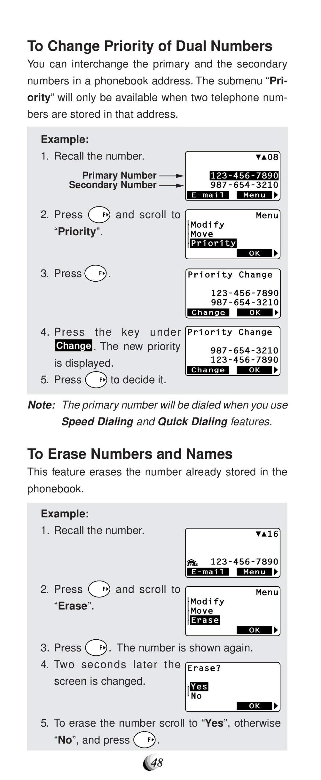 Audiovox CDM-9100 manual To Change Priority of Dual Numbers, To Erase Numbers and Names, Example Recall the number 