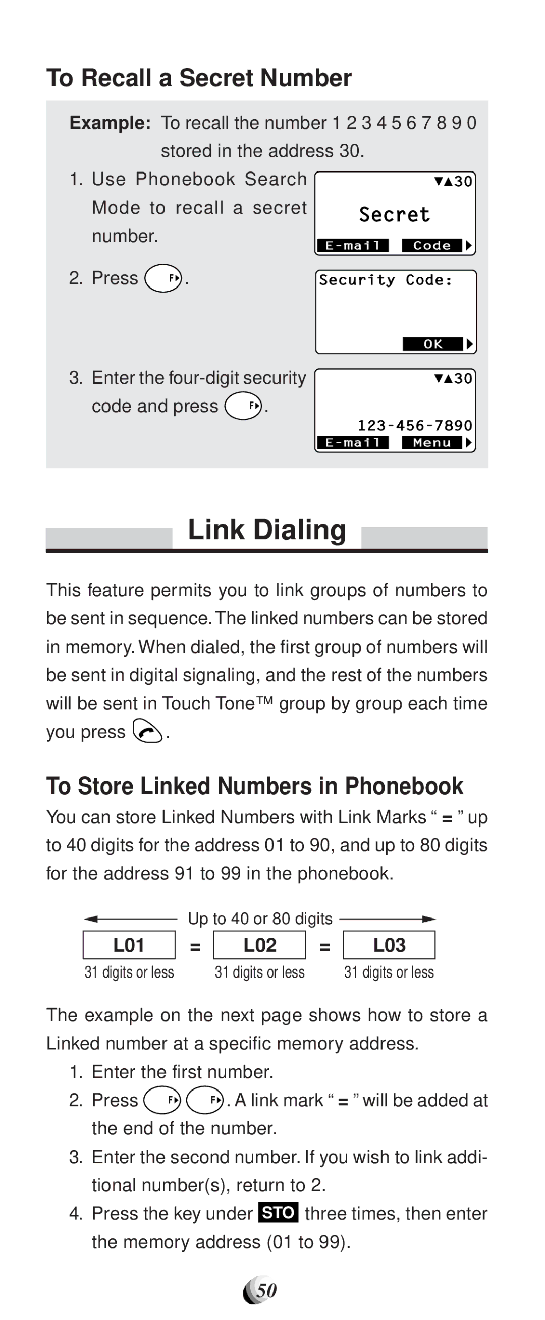 Audiovox CDM-9100 manual Link Dialing, To Recall a Secret Number, To Store Linked Numbers in Phonebook 