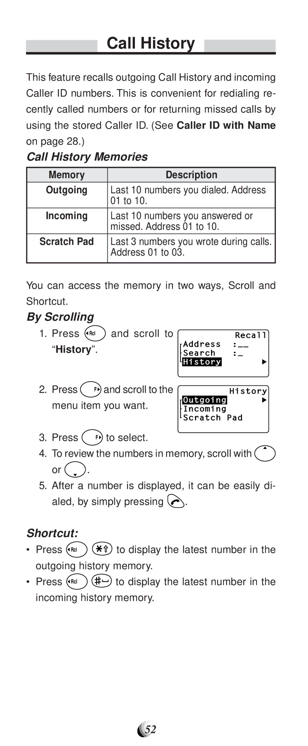 Audiovox CDM-9100 manual Call History Memories, By Scrolling, Shortcut 