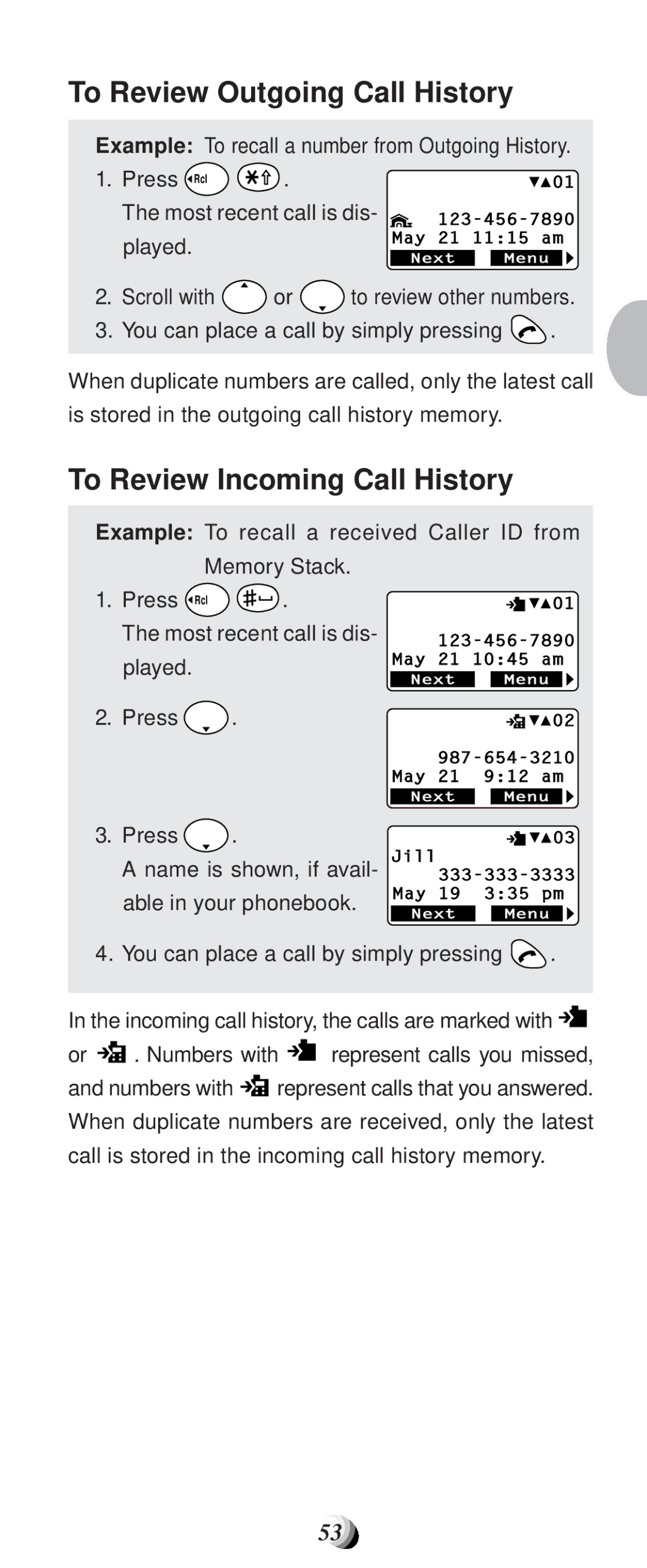 Audiovox CDM-9100 manual To Review Outgoing Call History, To Review Incoming Call History 