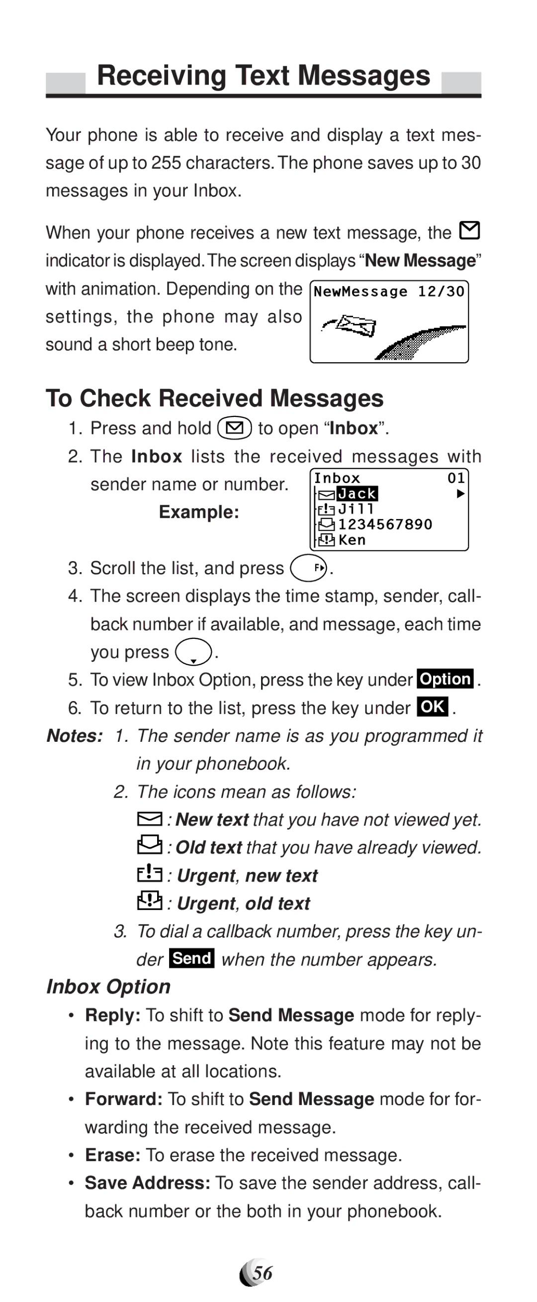 Audiovox CDM-9100 manual Receiving Text Messages, To Check Received Messages, Inbox Option, Sender name or number 