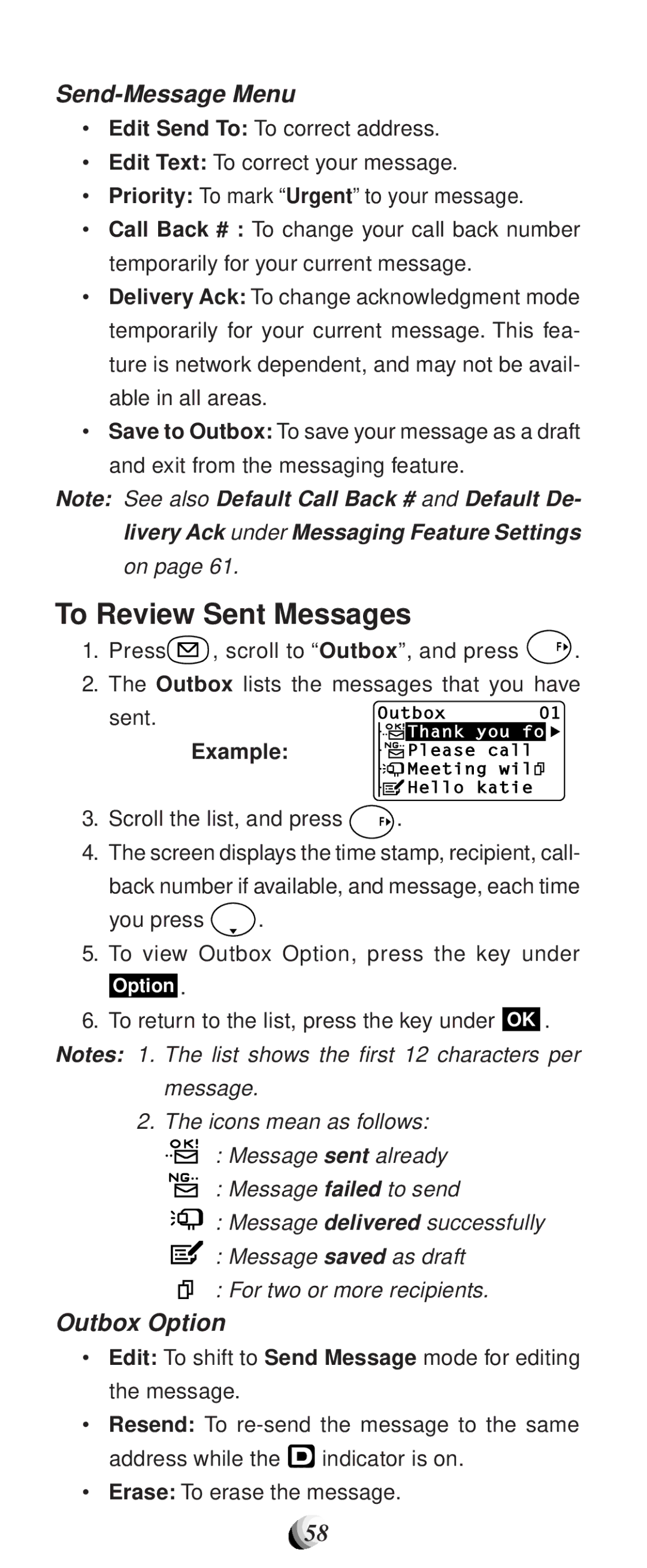 Audiovox CDM-9100 manual To Review Sent Messages, Send-Message Menu, Outbox Option 