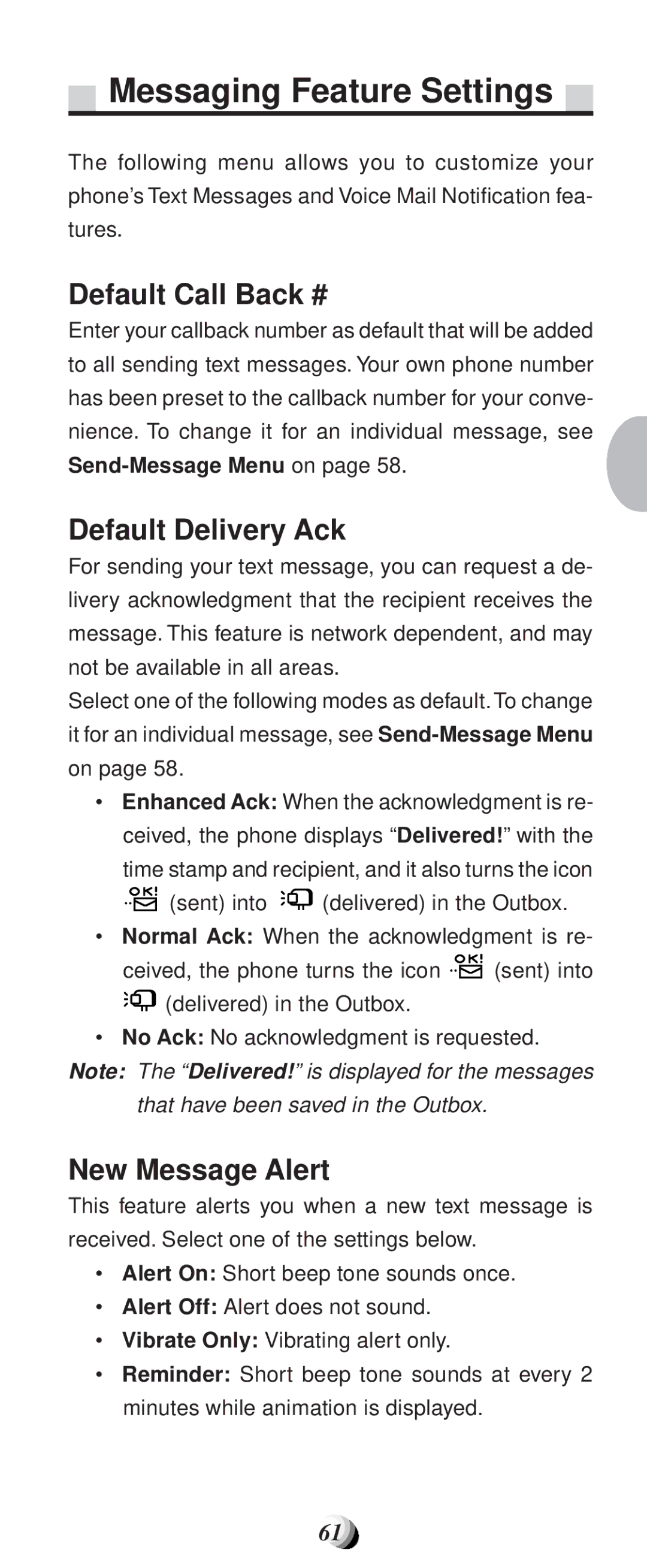 Audiovox CDM-9100 manual Messaging Feature Settings, Default Call Back #, Default Delivery Ack, New Message Alert 