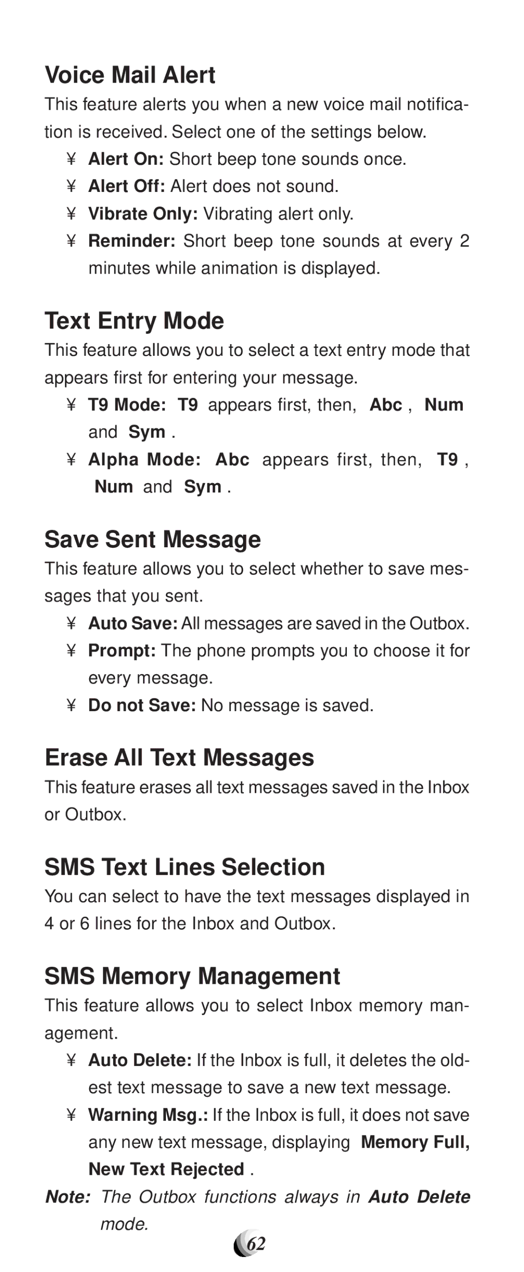 Audiovox CDM-9100 Voice Mail Alert, Text Entry Mode, Save Sent Message, Erase All Text Messages, SMS Text Lines Selection 