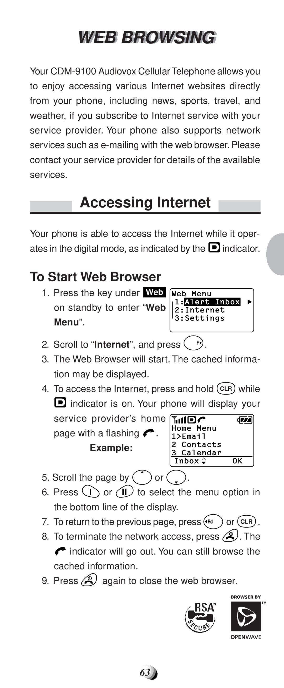 Audiovox CDM-9100 manual WEB Browsingi, Accessing Internet, To Start Web Browser, With a flashing 