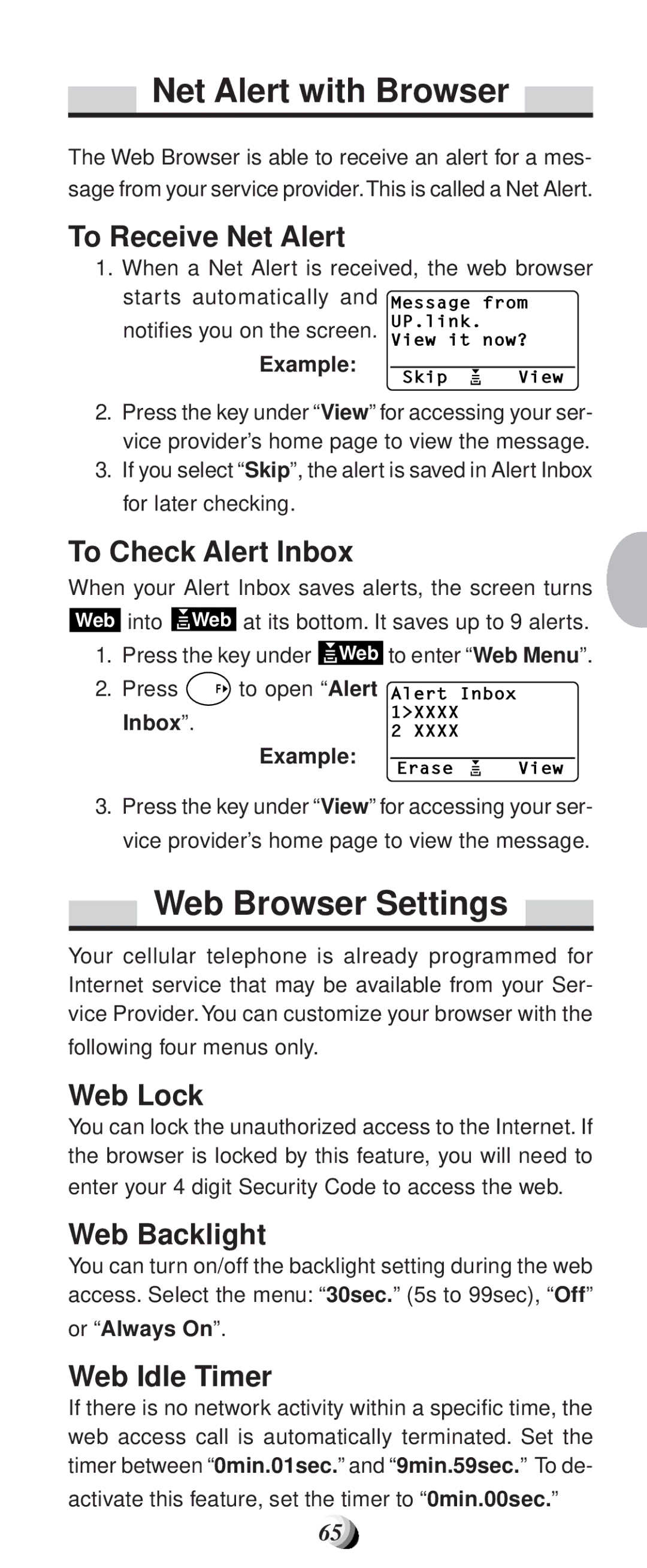 Audiovox CDM-9100 manual Net Alert with Browser, Web Browser Settings 