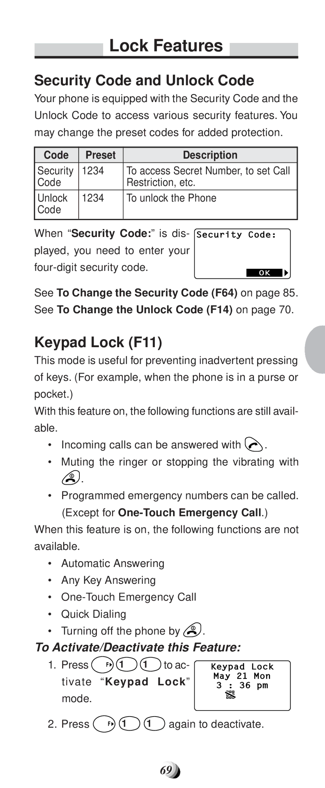 Audiovox CDM-9100 manual Lock Features, Security Code and Unlock Code, Keypad Lock F11, To Activate/Deactivate this Feature 