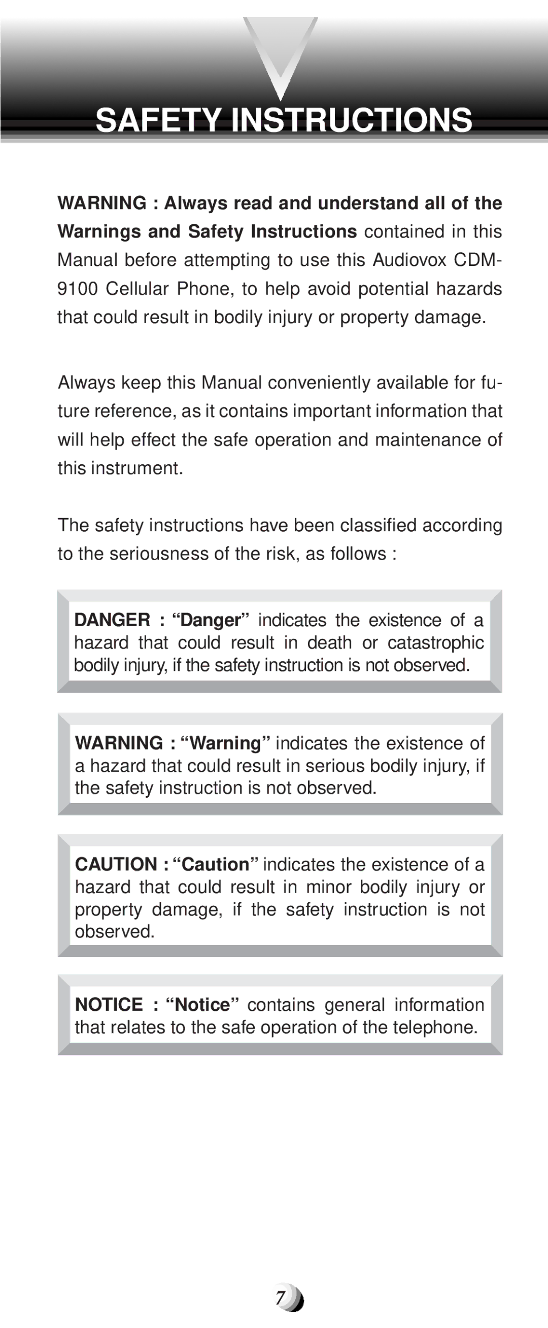 Audiovox CDM-9100 manual Safety Instructions 