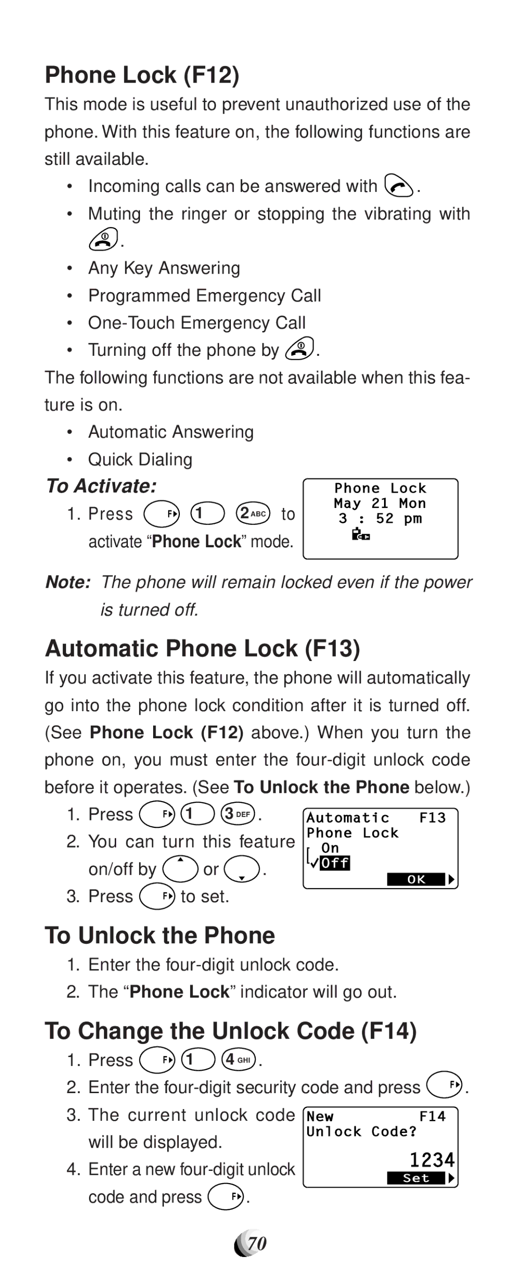 Audiovox CDM-9100 manual Phone Lock F12, Automatic Phone Lock F13, To Unlock the Phone, To Change the Unlock Code F14 