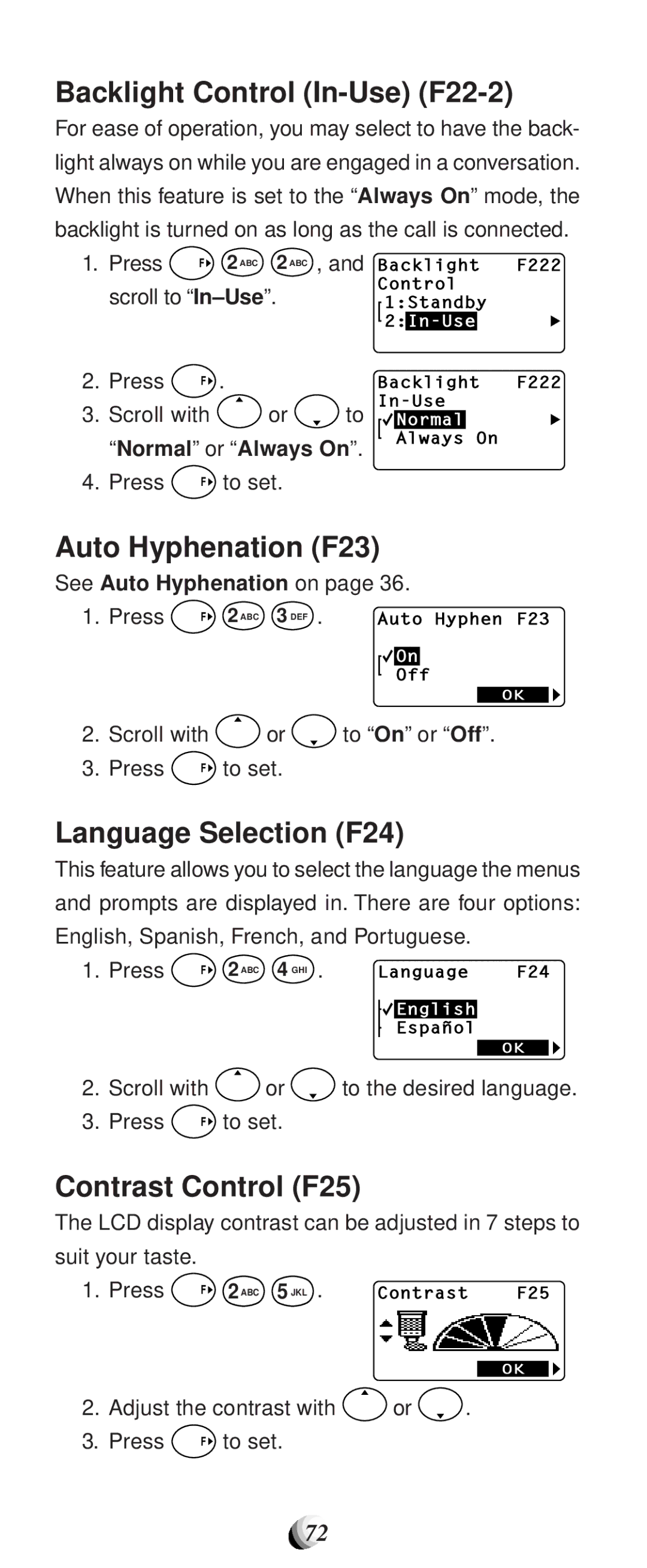 Audiovox CDM-9100 manual Backlight Control In-Use F22-2, Auto Hyphenation F23, Language Selection F24, Contrast Control F25 