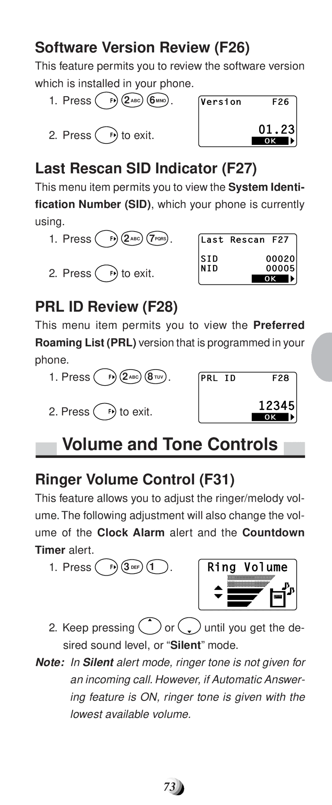 Audiovox CDM-9100 Volume and Tone Controls, Software Version Review F26, Last Rescan SID Indicator F27, PRL ID Review F28 