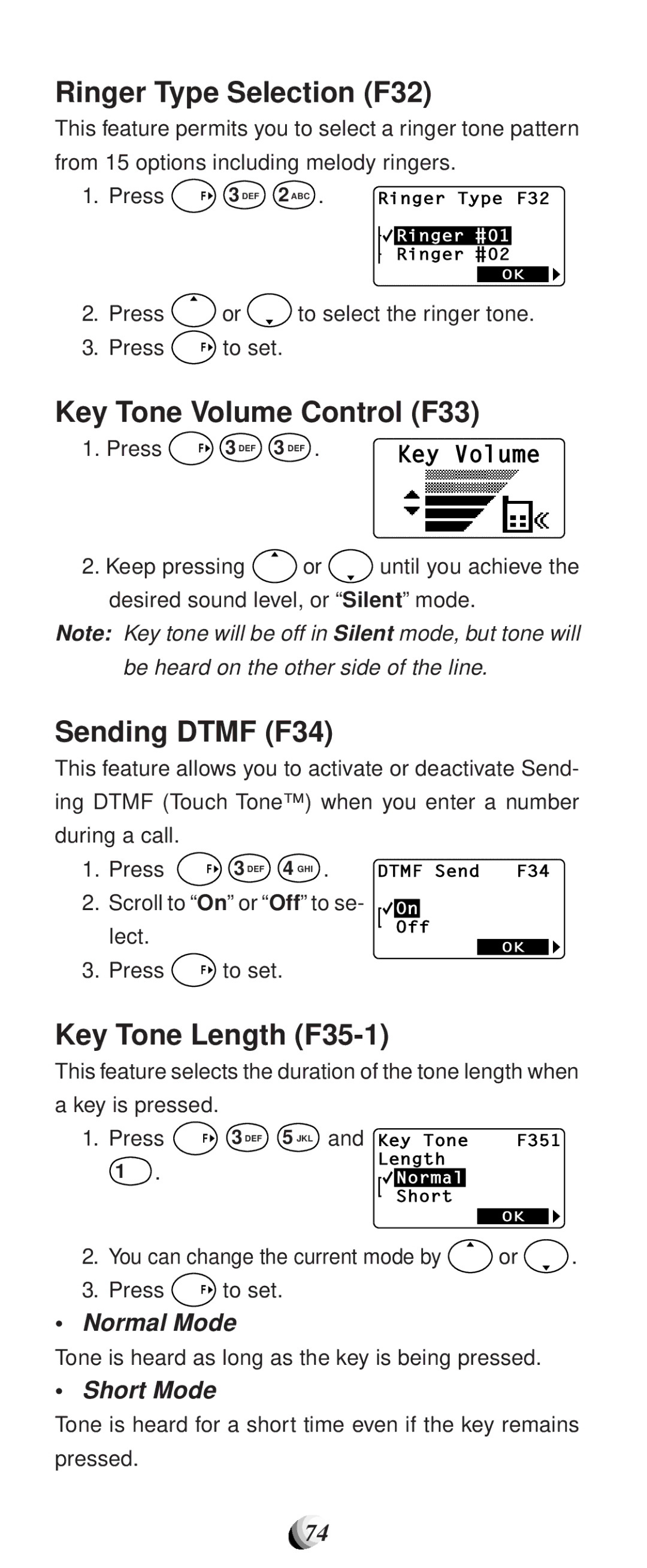 Audiovox CDM-9100 manual Ringer Type Selection F32, Key Tone Volume Control F33, Sending Dtmf F34, Key Tone Length F35-1 