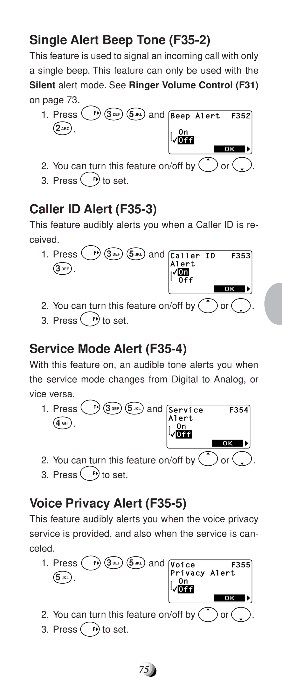 Audiovox CDM-9100 Single Alert Beep Tone F35-2, Caller ID Alert F35-3, Service Mode Alert F35-4, Voice Privacy Alert F35-5 