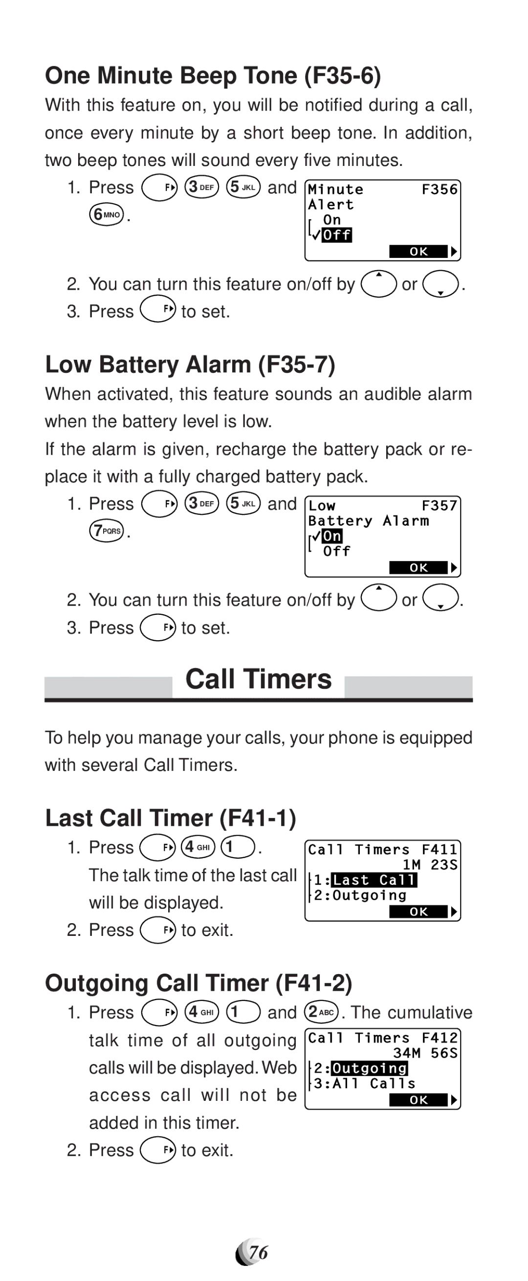 Audiovox CDM-9100 manual Call Timers, One Minute Beep Tone F35-6, Low Battery Alarm F35-7, Last Call Timer F41-1 