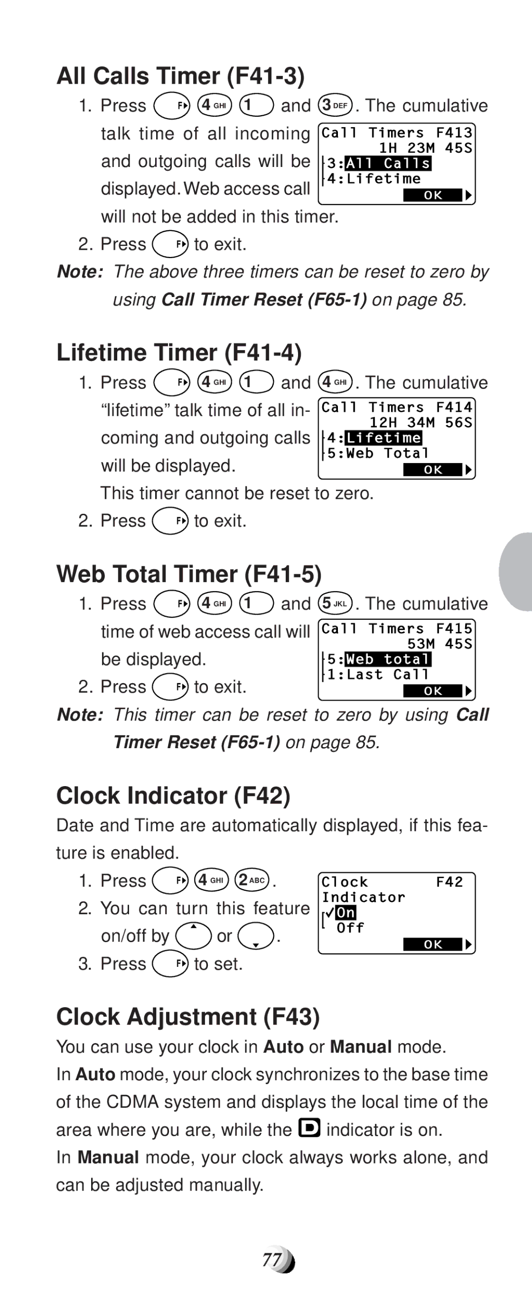 Audiovox CDM-9100 manual All Calls Timer F41-3, Lifetime Timer F41-4, Web Total Timer F41-5, Clock Indicator F42 