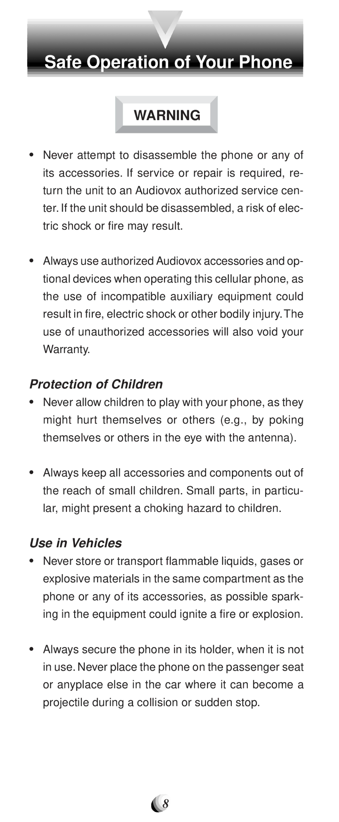 Audiovox CDM-9100 manual Protection of Children, Use in Vehicles 