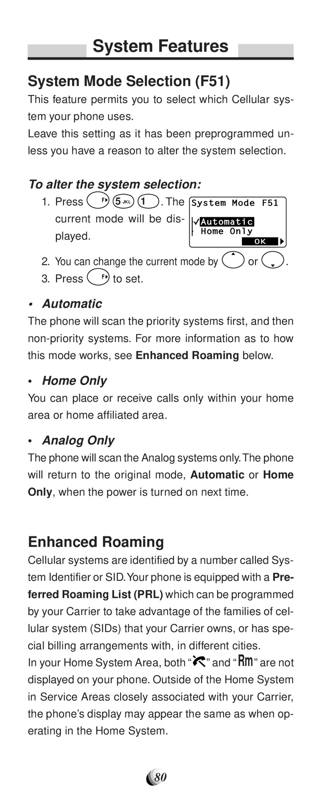 Audiovox CDM-9100 manual System Features, System Mode Selection F51, Enhanced Roaming 