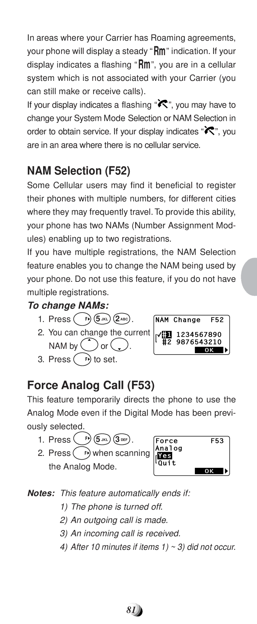 Audiovox CDM-9100 manual NAM Selection F52, Force Analog Call F53, To change NAMs 