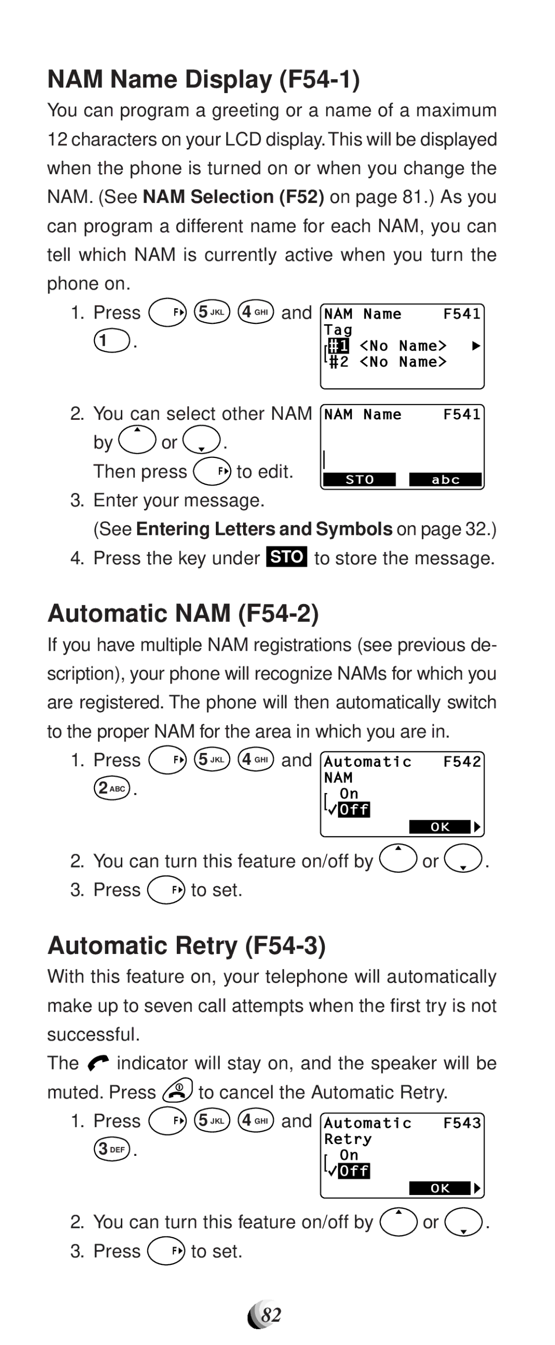 Audiovox CDM-9100 NAM Name Display F54-1, Automatic NAM F54-2, Automatic Retry F54-3, See Entering Letters and Symbols on 