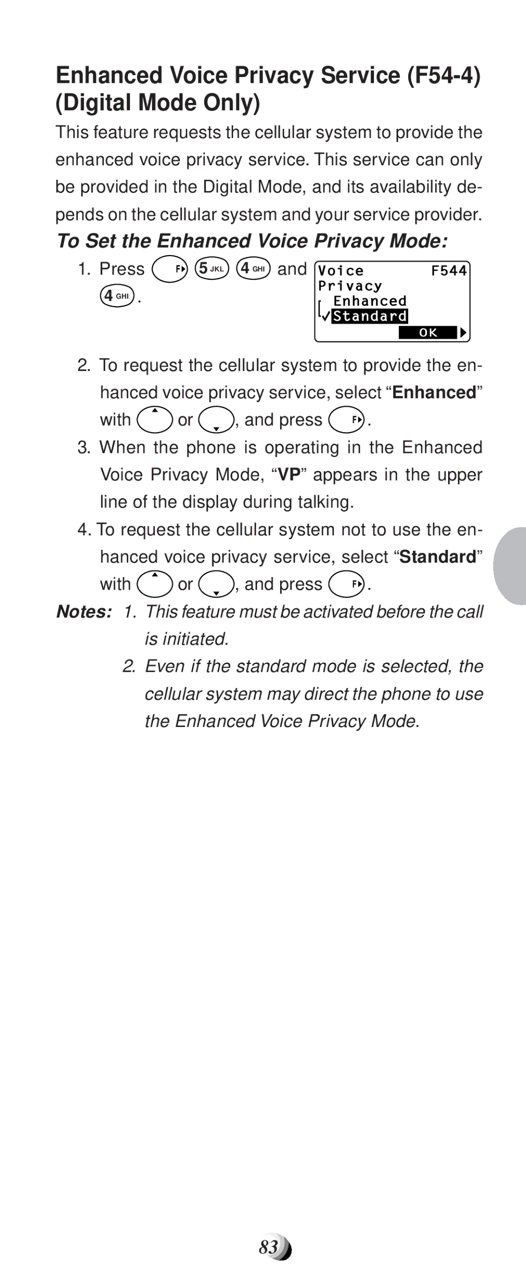 Audiovox CDM-9100 manual Enhanced Voice Privacy Service F54-4 Digital Mode Only, To Set the Enhanced Voice Privacy Mode 