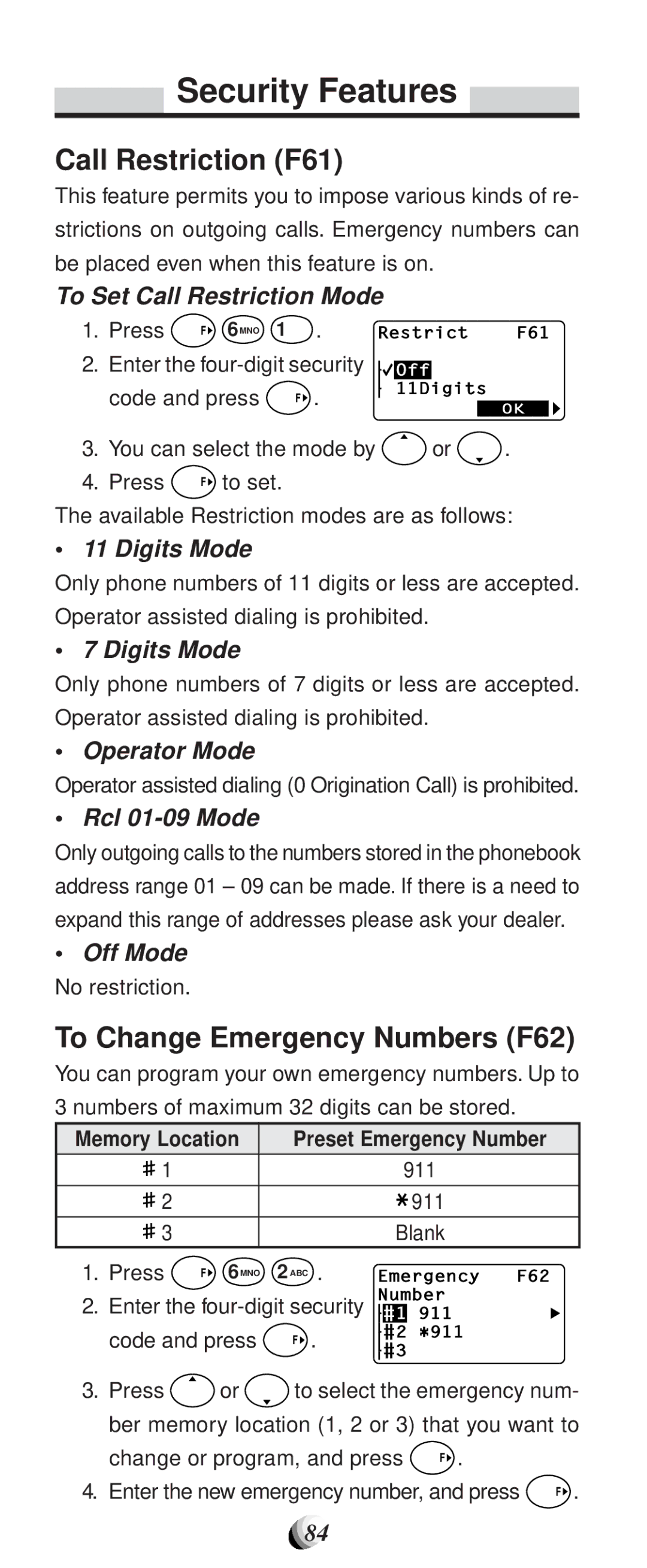 Audiovox CDM-9100 manual Security Features, Call Restriction F61, To Change Emergency Numbers F62 