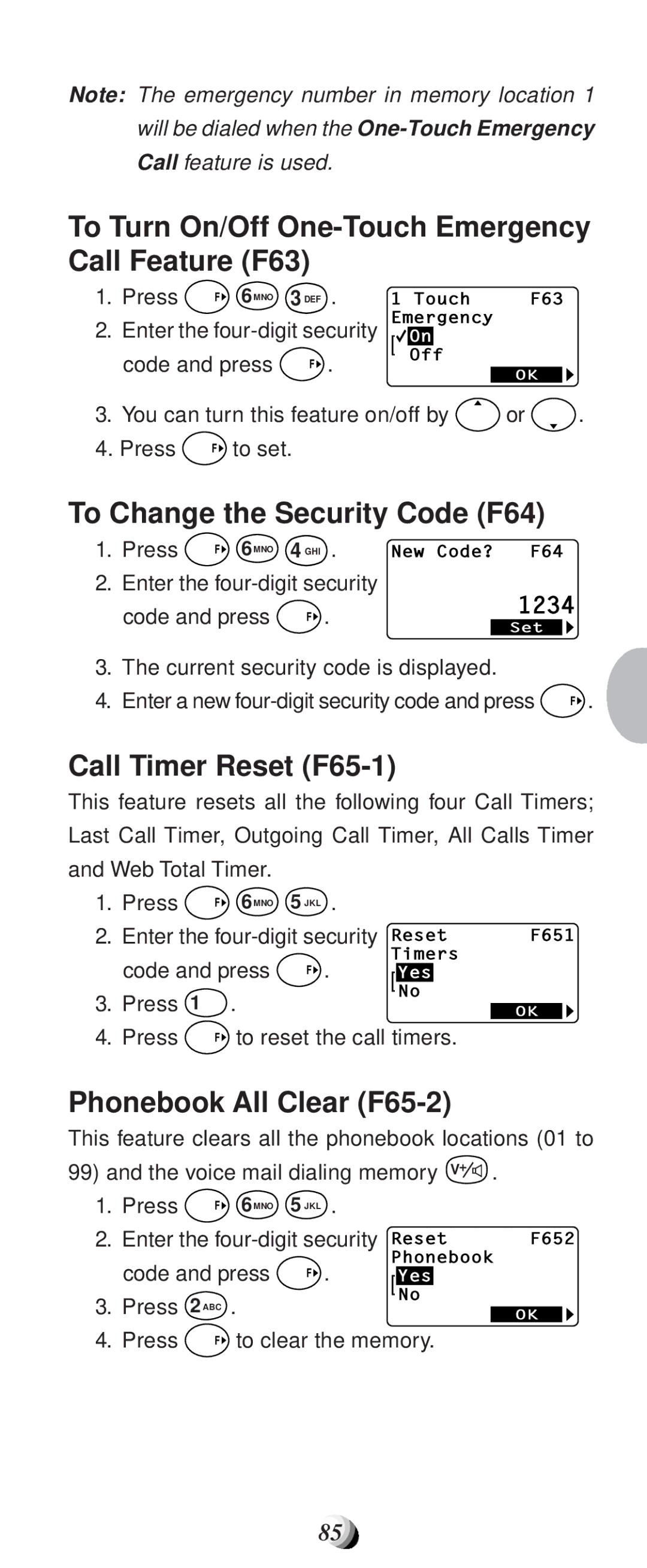 Audiovox CDM-9100 manual To Turn On/Off One-Touch Emergency Call Feature F63, To Change the Security Code F64 