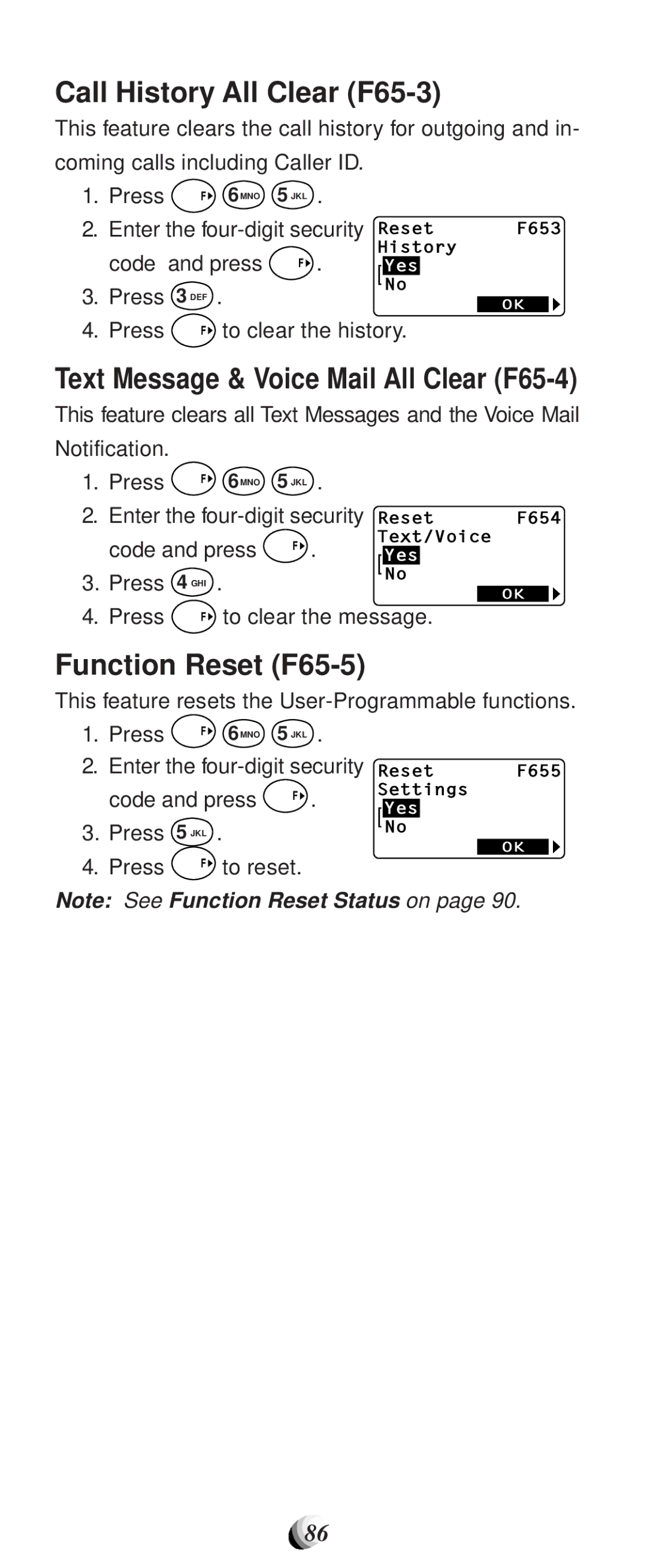 Audiovox CDM-9100 manual Call History All Clear F65-3, Text Message & Voice Mail All Clear F65-4, Function Reset F65-5 