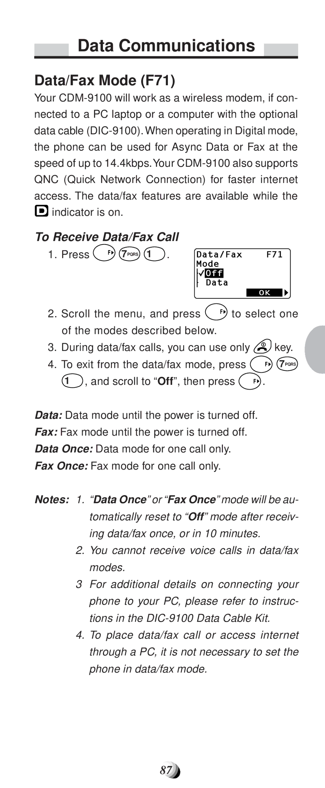 Audiovox CDM-9100 manual Data Communications, Data/Fax Mode F71, To Receive Data/Fax Call 