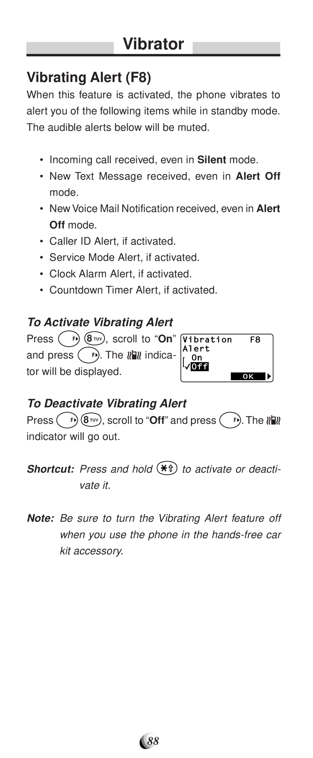 Audiovox CDM-9100 manual Vibrator, Vibrating Alert F8, To Activate Vibrating Alert, To Deactivate Vibrating Alert 