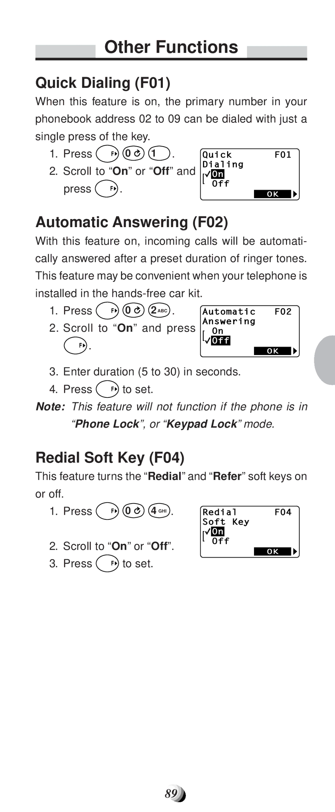 Audiovox CDM-9100 manual Other Functions, Quick Dialing F01, Automatic Answering F02, Redial Soft Key F04 