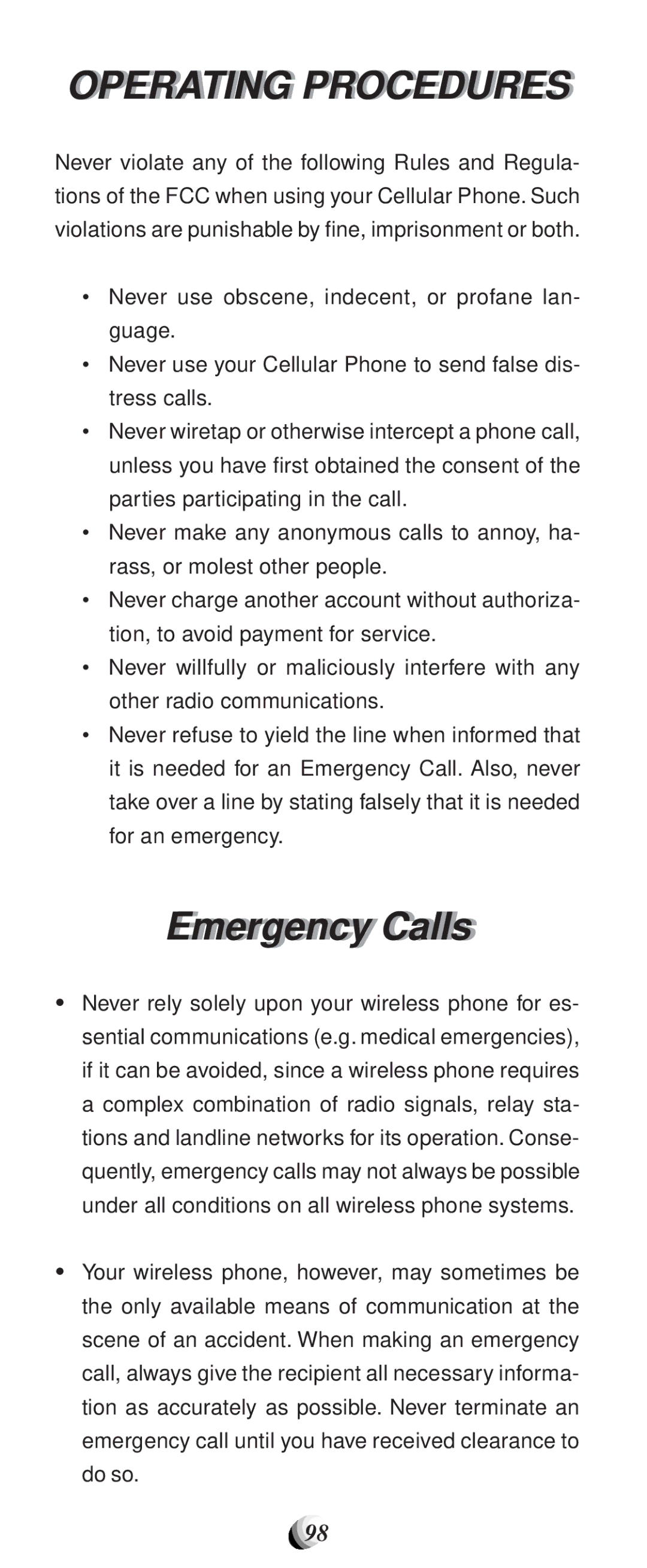 Audiovox CDM-9100 manual Operatingi Procedures, Emergencyr Callslls 