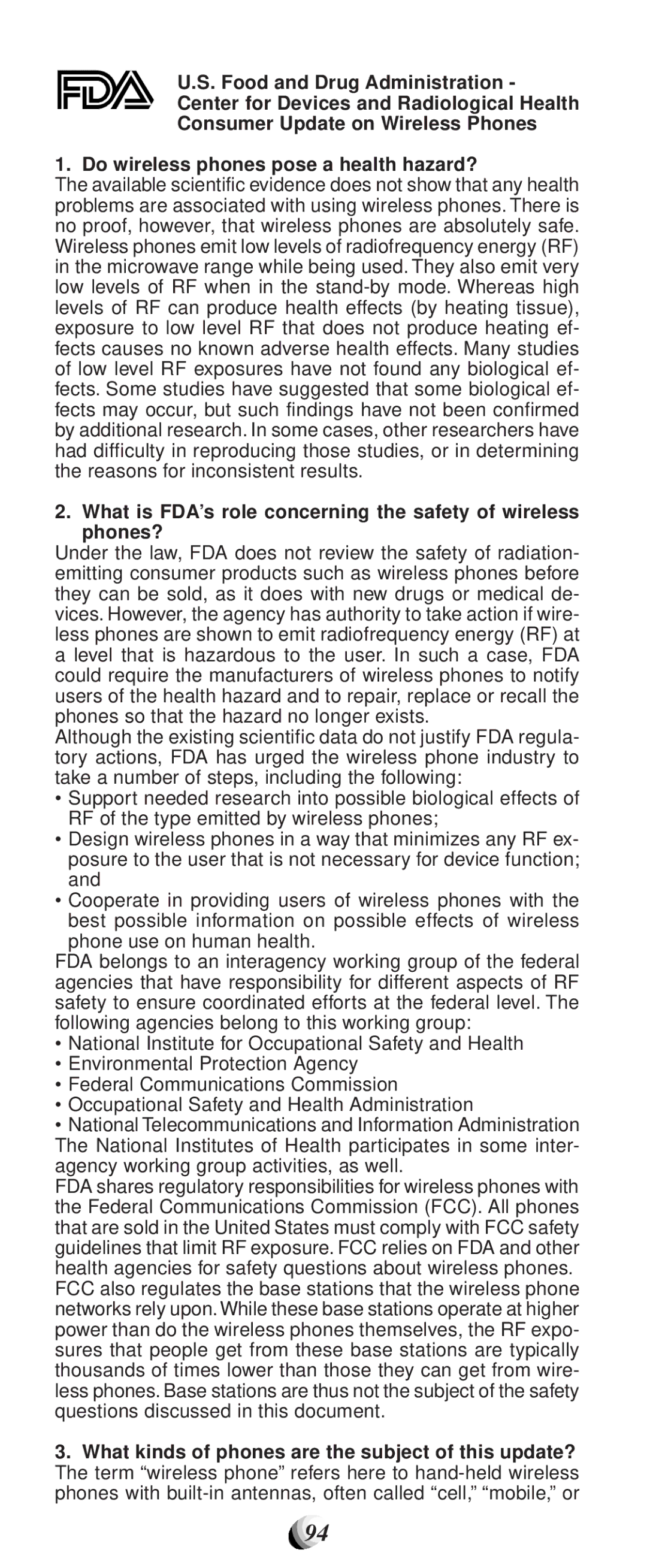 Audiovox CDM-9150X manual What is FDA’s role concerning the safety of wireless phones? 