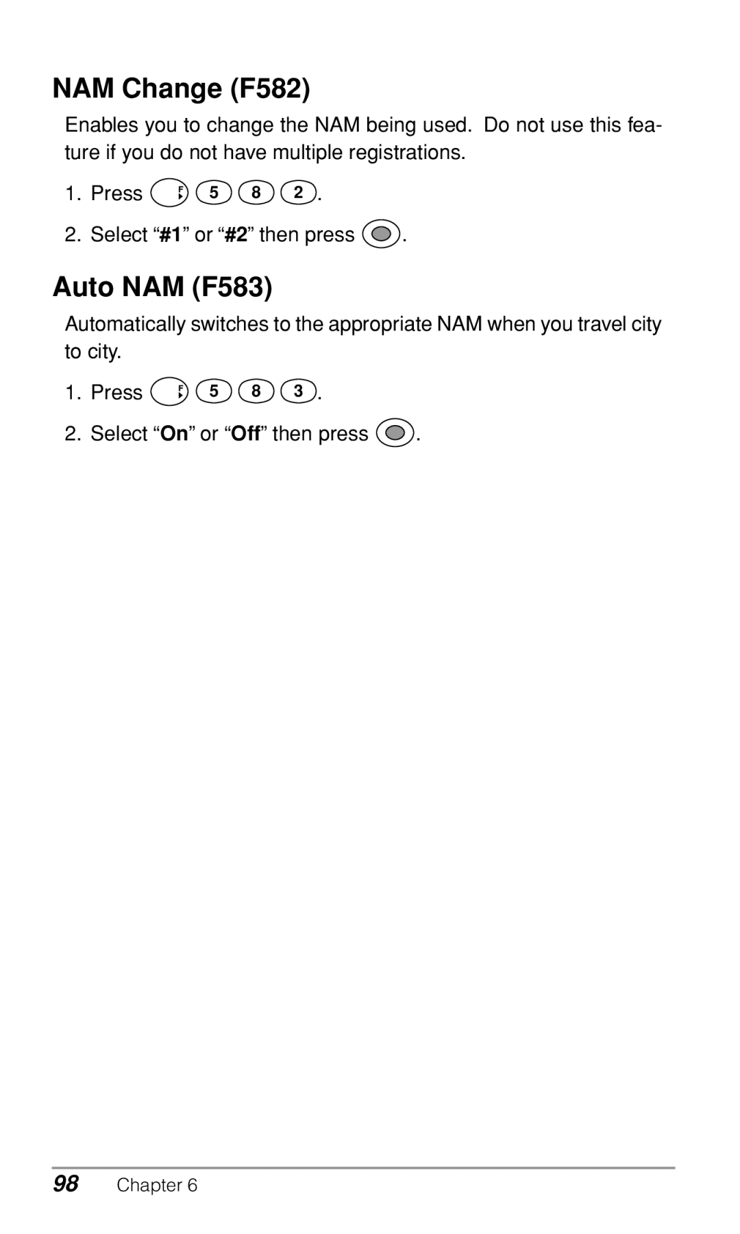 Audiovox CDM-9500 owner manual NAM Change F582, Auto NAM F583 