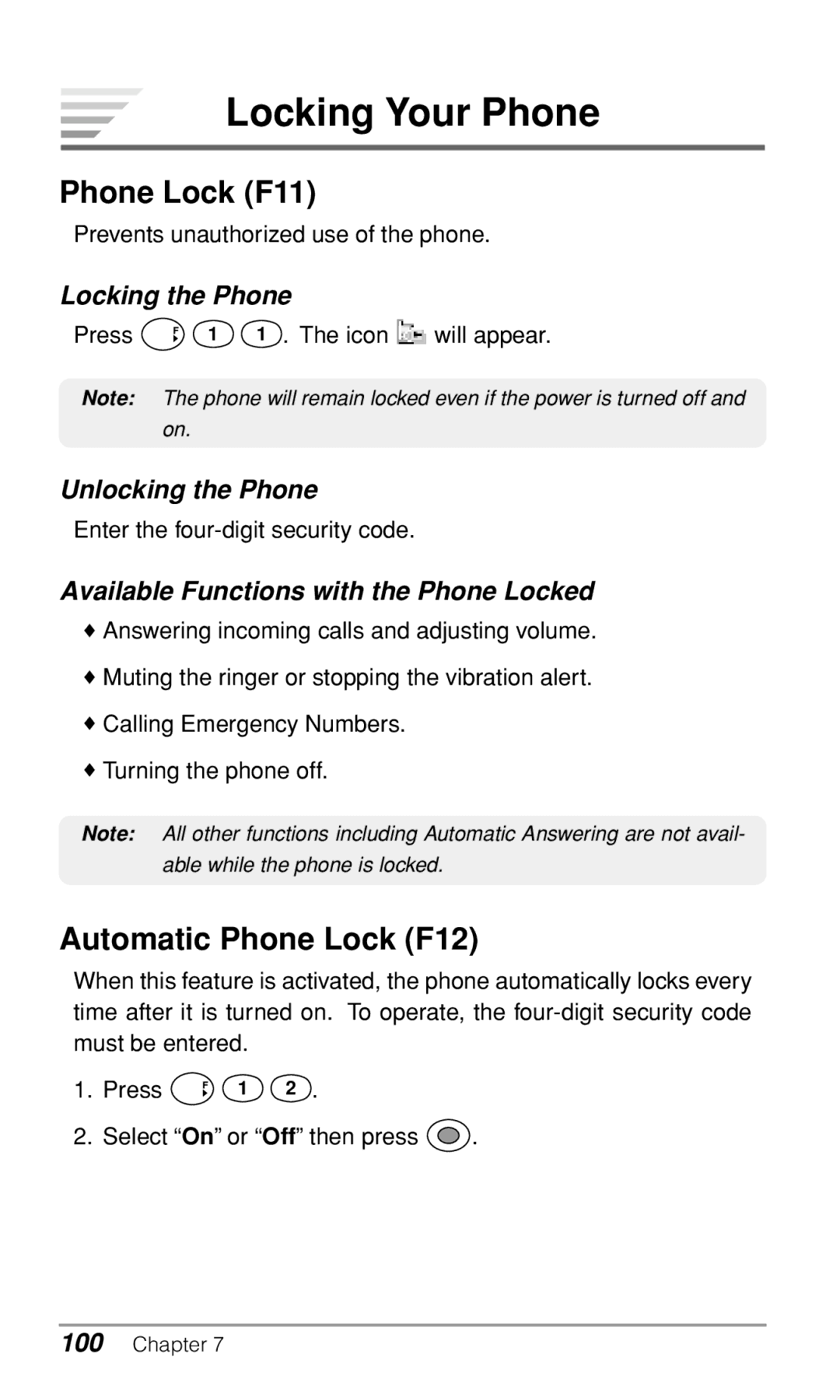 Audiovox CDM-9500 owner manual Locking Your Phone, Phone Lock F11, Automatic Phone Lock F12 