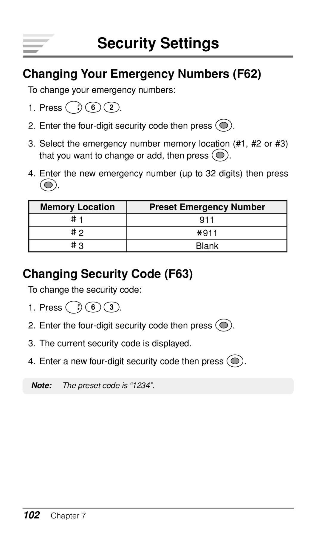 Audiovox CDM-9500 owner manual Security Settings, Changing Your Emergency Numbers F62, Changing Security Code F63 