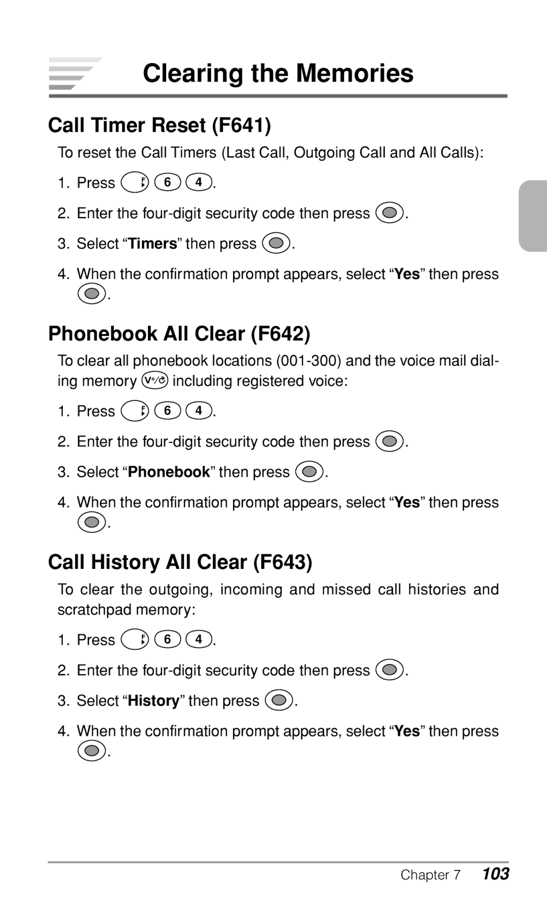 Audiovox CDM-9500 Clearing the Memories, Call Timer Reset F641, Phonebook All Clear F642, Call History All Clear F643 
