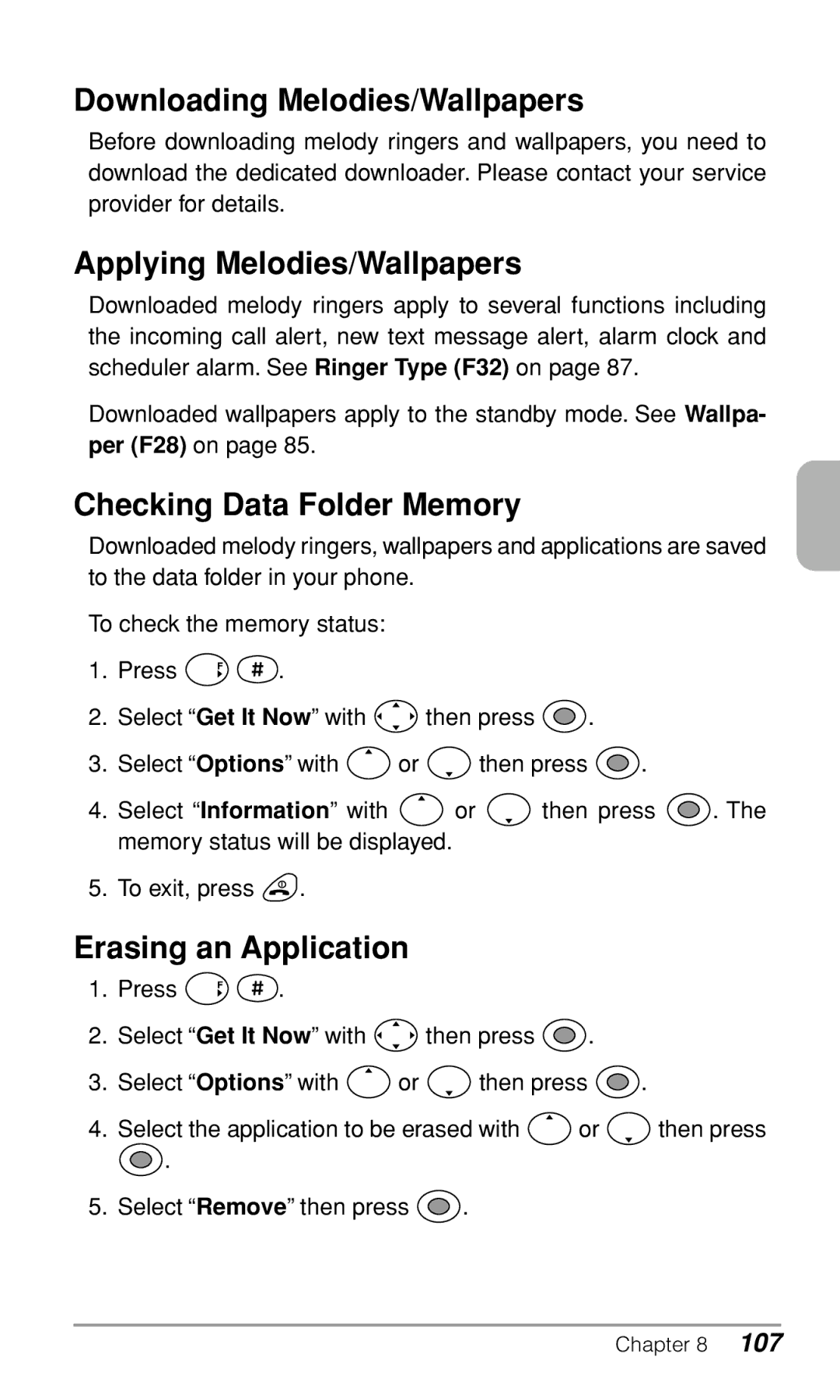 Audiovox CDM-9500 owner manual Downloading Melodies/Wallpapers, Applying Melodies/Wallpapers, Checking Data Folder Memory 