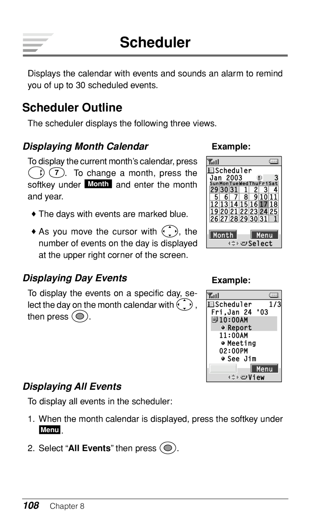 Audiovox CDM-9500 Scheduler Outline, Displaying Month Calendar, Displaying Day Events, Displaying All Events 